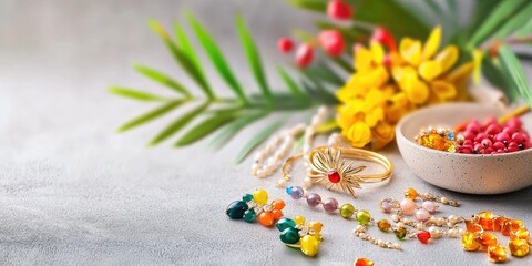 Naklejka premium Eye-catching fashion jewelry set on a textured neutral backdrop, perfect for advertising a special promotion