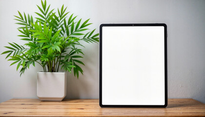 Mockup. Tablet next to a plant . A serene workspace