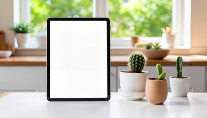 Fototapeta premium Modern tablet mockup displaying app next to cheerful cacti, tech-savvy design