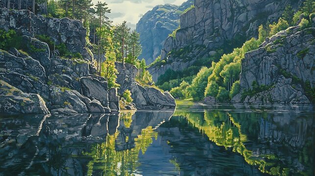A peaceful coastal forest with green shrubs and trees growing on a cliffside, overlooking the ocean