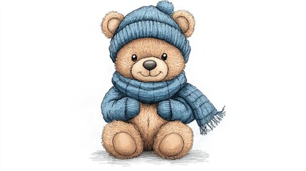 Adorable Teddy Bear Wearing a Blue Winter Hat and Scarf