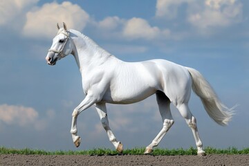Obraz premium Elegant White Andalusian Stallion in Dynamic Pose Against a Dark Backdrop