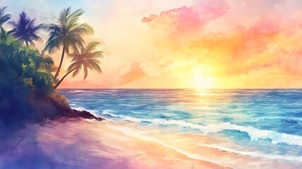 Serene Tropical Beach Sunset Scene With Palm Trees