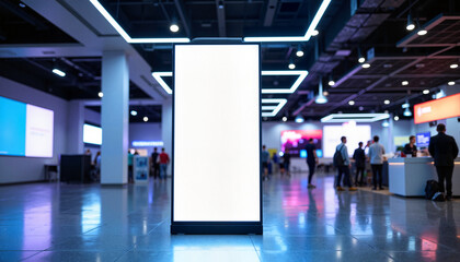 High-tech convention center vertical banner mockup, futuristic ambiance