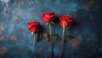 Beautiful Red Roses on a Textured Blue Background, Perfect for Romantic Themes, Celebrations, and Floral Arrangements in Artistic Photography