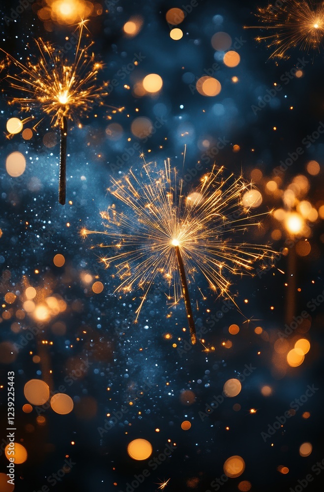 Poster beautiful sparkling fireworks against a dark blue background with glowing bokeh lights creating a fe
