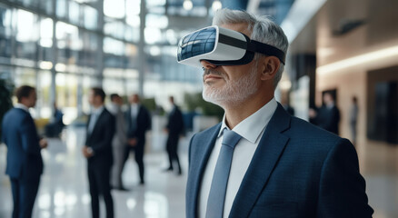 A middle-aged man in business attire experiences virtual reality in a modern office environment among colleagues
