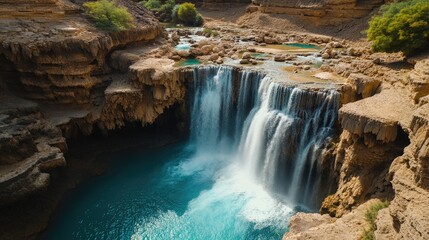 Stunning Aerial View of Turquoise Waterfalls in Wadi Darbat, Salalah - A Middle Eastern Gem