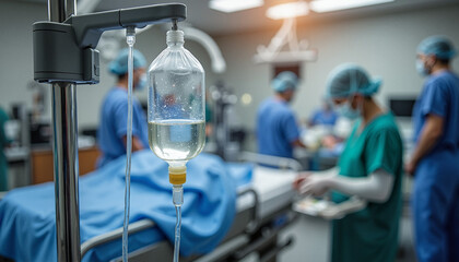 IV drip in operating room with medical staff