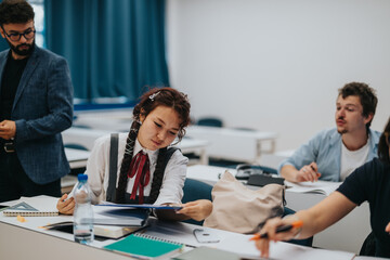 A classroom scene where students are actively engaged in their tasks, collaborating with each other, while a professor offers guidance. The atmosphere is focused and educational.