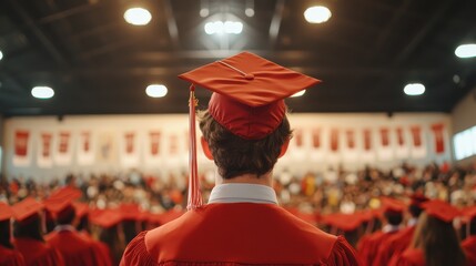 Heartfelt graduation ceremony surprise university auditorium gigapixel display celebratory atmosphere audience perspective emotional messages from loved ones