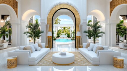 Luxurious Modern Villa Interior Design - Elegant white sofas in a spacious, bright villa interior with arched doorways, gold accents, and a view of a tranquil pool.