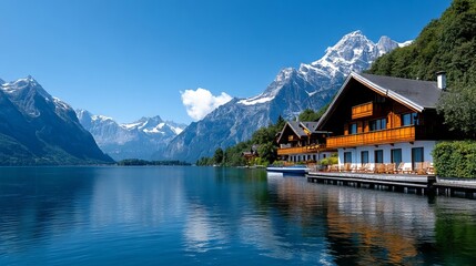 A large body of water with a mountain range in the background