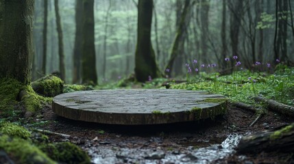 A circular podium rests on the forest floor, partially covered in moss, amidst tall trees and delicate flowers. The serene atmosphere captures the beauty of spring in this quiet woodland space.