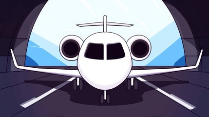 Cartoon Style Plane Front View in Hangar with Bright Windows