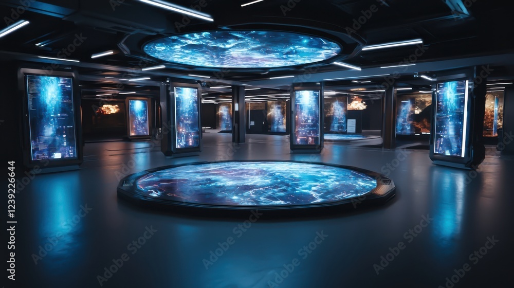 Poster exploring futuristic architecture urban center digital display showcase high-tech environment aerial