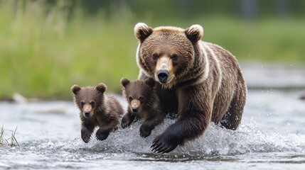 Obraz premium A mother bear and her two cubs run through shallow water, showcasing the beauty of wildlife and the bond between them.