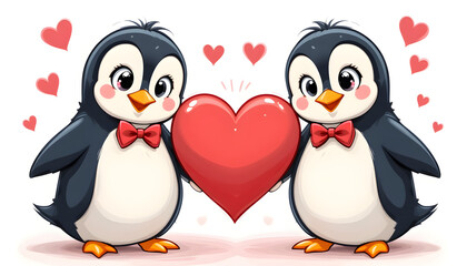 Fototapeta premium Sweet Penguin Couple Holding a Heart for Valentine's Theme
