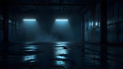 scenery of a dark street with wet asphalt, reflections of lightning in the water.