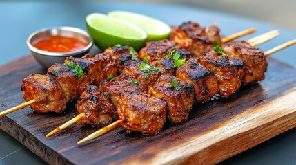 Grilled Pork Skewers with Lime and Spicy Sauce - Delicious grilled pork skewers marinated in a spicy sauce, served with fresh lime wedges.  Concept: Flavor, grilling, summer, savory, zest.