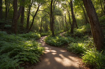 Fototapeta premium winding path through a peaceful forest, dappled sunlight