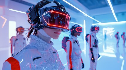 Futuristic fashion show virtual runway gigapixel display neon environment high-tech viewpoint avant-garde concept