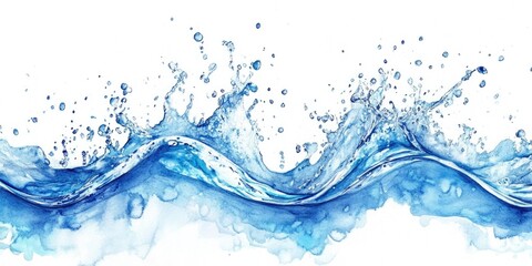 Hand-Painted Watercolor River with Blue Splashes and Fluid Waves in an Abstract Background