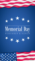 Wavy United States flags framing a blue background with Memorial Day text.