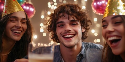 Group of friends celebrating Happy New Year with party hats during countdown, neutral backdrop