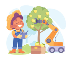Farming Technology with Boy Farmer Harvest from Apple Tree with Tablet Vector Illustration