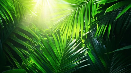 Obraz premium Lush Tropical Palm Leaves - Vibrant green palm fronds illuminated by sunlight, creating a lush tropical scene. Perfect for travel, nature, or summer themes.