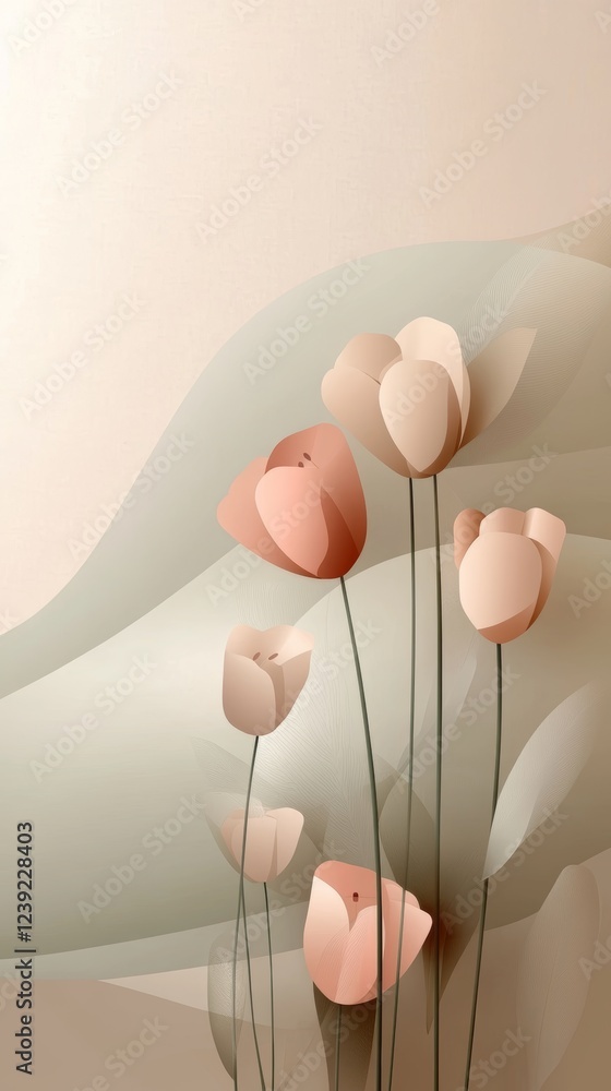 Poster background design featuring abstract floral elements in soft hues of pink and beige with flowing sha