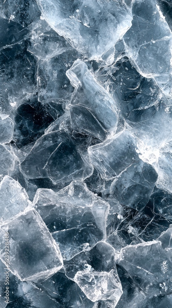 Aufkleber Glittering shards of ice create a stunning visual as they lie scattered on a textured dark surface. The various sizes and angles reflect light, evoking a sense of cool freshness and crystal clarity