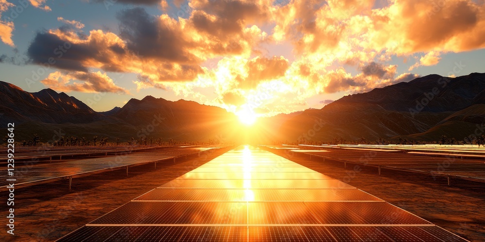 Poster solar array in a vast field under a dramatic sunset, highlighting renewable energy potential