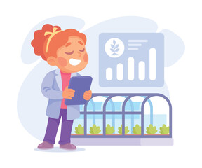 Farming Technology with Girl Farmer Stand with Tablet at Greenhouse Vector Illustration