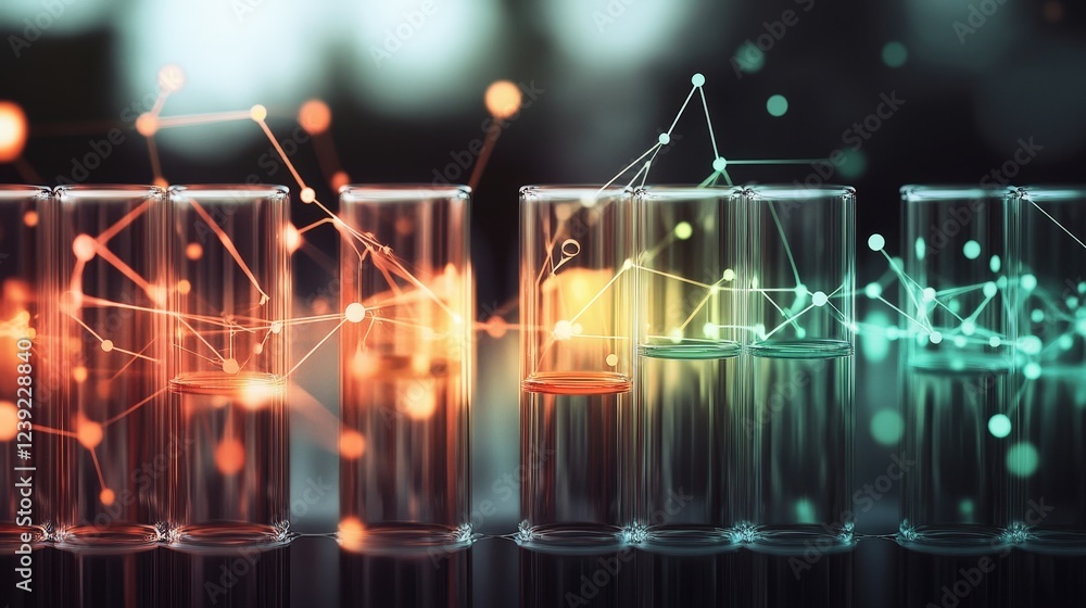 Poster colorful science experiment with test tubes and data visualization