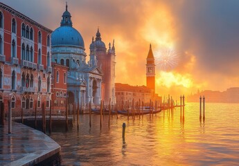 Fototapeta premium Captivating Sunrise Over Venice with Historic Architecture, Vibrant Colors, and Reflections on the Water Amidst a Stunning Fireworks Display