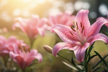 Fototapeta premium Pink Lilly in the Garden. A Closeup of Blooming Lilly in Vintage Morning Light amid Fresh Green Leaves - Nature Decoration for Spring and Summer Season