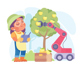 Farming Technology with Girl Farmer Harvest Stand with Tablet at Apple Tree Vector Illustration