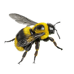 Vibrant bumblebee with detailed wings and fuzzy body in lifelike profile view