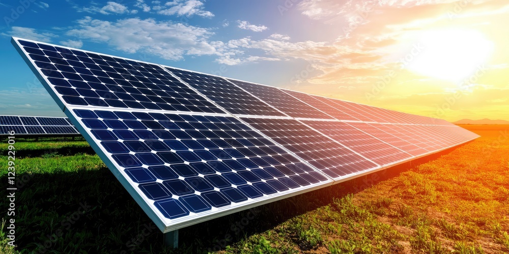 Aufkleber solar array in a vast field under a dramatic sunset, highlighting renewable energy potential