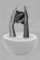Photo sketch graphics collage artwork picture of arms holding gem growing citrus half isolated...