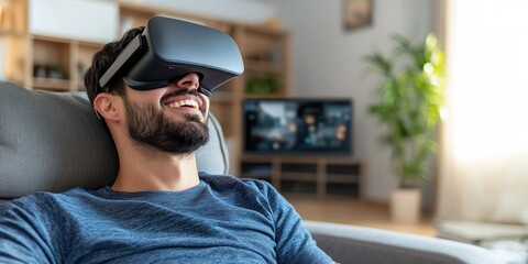 serene gamer lost in thought, wearing VR headset in a cozy gaming nook, soft ambient lighting, neutral background