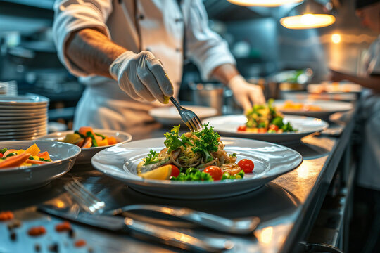 Elegant creation of gourmet culinary masterpiece in a luxurious high end restaurant kitchen generative AI