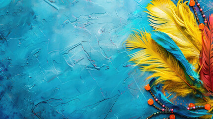 horizontal banner, Mardi Gras, bright orange red purple peacock feathers, multicolored beads, blue background, oil paint texture, copy space, free space for text