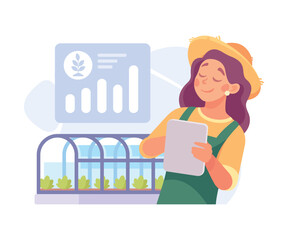 Farming Technology with Woman Farmer at Greenhouse Control Crop Growing Vector Illustration