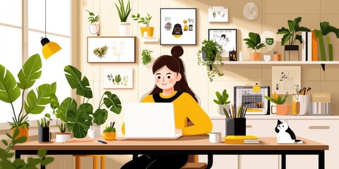 Fototapeta premium A woman video conferencing in a cozy home office with plants and personal touches