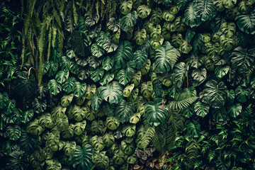 Close-up background of vibrant green leaves with rich textures, creating a bright and fresh natural atmosphere with an exotic botanical pattern.
