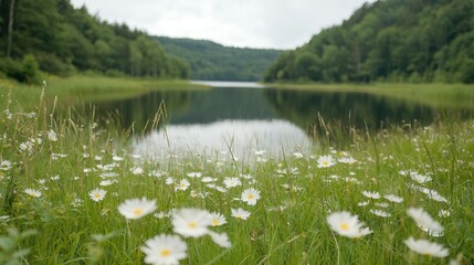 Calm lake, wildflowers, forest backdrop, nature scene, idyllic landscape