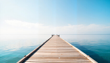 Obraz premium Empty wooden pier extending over calm blue water, peaceful tranquility